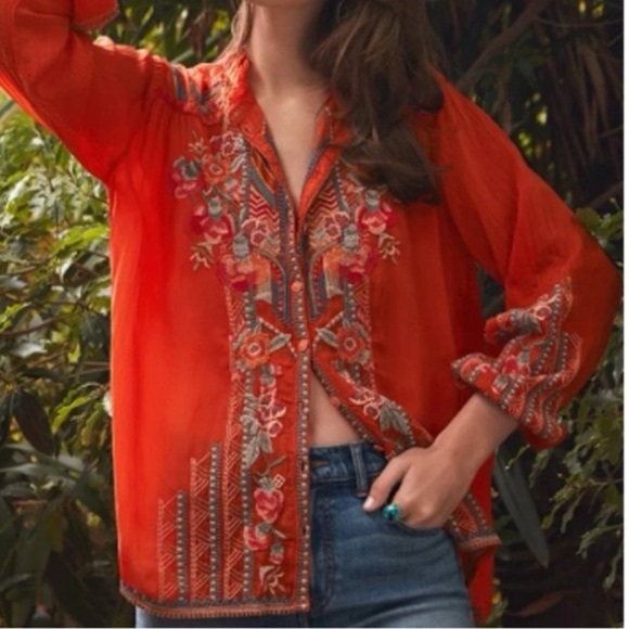 Johnny Was Jude Heavily Embroidered Blouse Electric
Coral Red - Picture 13 of 14